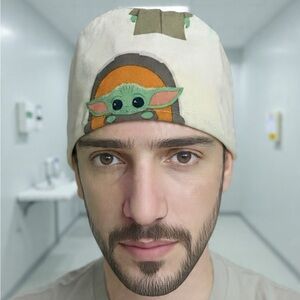 Cute Baby Yoda Scrub Cap in Cream and Green